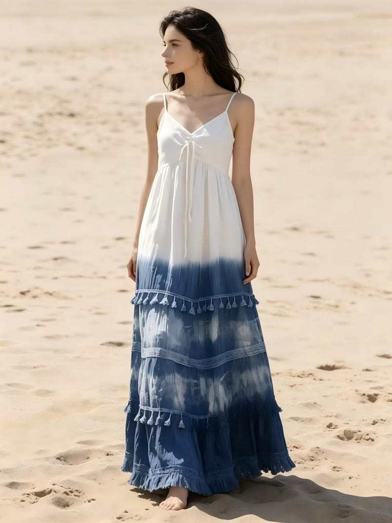 Ręcznie robiona sukienka w stylu tie-dye – oryginalna, farbowana na niebiesko letnia sukienka maxi dla kobiet, swobodna sukienka z bawełny Tencel na podróż zdjęcie 8