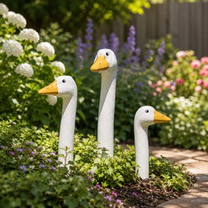 Handbeschilderde tuinstekers in de vorm van een gans van hars, ornament met glurende eendenkop, decoratie in landelijke stijl (set van 3)