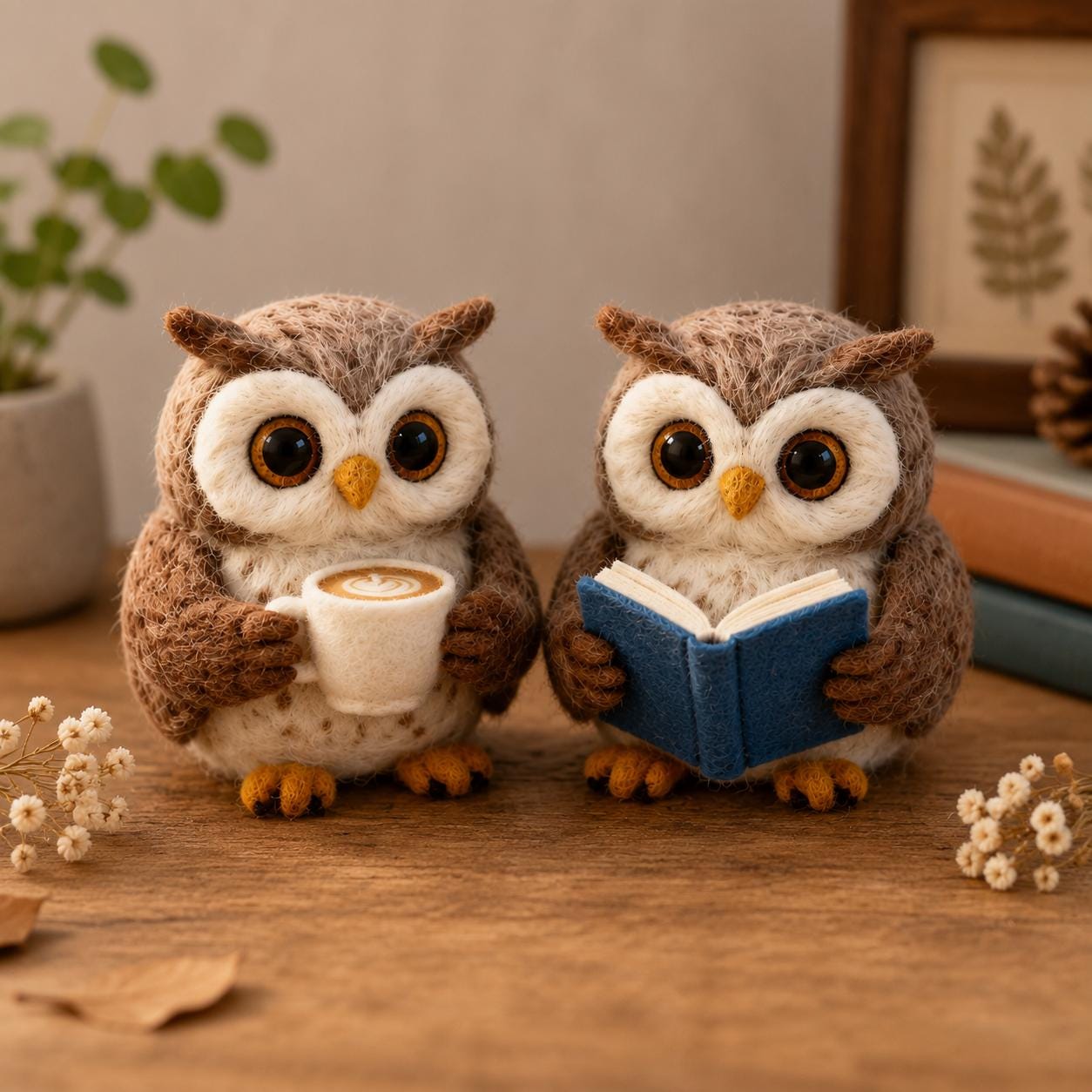 Wool Felt Owl Figurine Set, Reading Book & Coffee Cup Owl, Handmade Needle Felt Owl, Cottagecore
