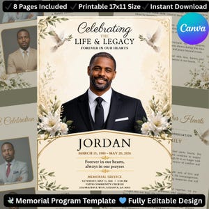May include: A memorial program template featuring a portrait of a man in a black suit, white shirt, and black tie. The design includes white lilies, green leaves, and two white doves. Text reads: Celebrating the Life & Legacy, Jordan, 1980-2026.