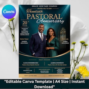 Peut inclure: Un modèle de flyer numérique pour le 20e anniversaire pastoral de l'église Grace Heritage. Le design présente un fond bleu sarcelle foncé avec des accents dorés, des détails textuels et une image centrale d'un homme en costume et d'une femme en robe.