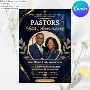 May include: A navy blue flyer for Grace Missionary Baptist Church, celebrating their pastors' fifth anniversary. The design includes a photo of Pastor Michael and Lady Vanessa Carter, gold accents, and event details. The Canva logo is in the upper right corner.