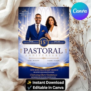 Pastoral Anniversary Canva Template, Church Anniversary Program Flyer, Pastor & First Lady Editable Invitation, Instant Download