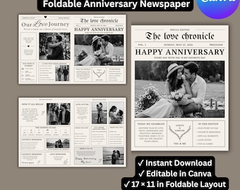 Plantilla editable para periódico de aniversario / Plantilla de periódico plegable de 4 páginas en Canva / Periódico personalizado para historia de amor / Descarga instantánea