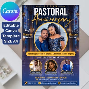Op de afbeelding: Een flyer-sjabloon voor een vijftiende pastoraal jubileum met een centrale ronde foto van een echtpaar, met daaronder drie kleinere ronde foto's van gastsprekers. De tekst bevat namen, evenementdetails en contactgegevens.