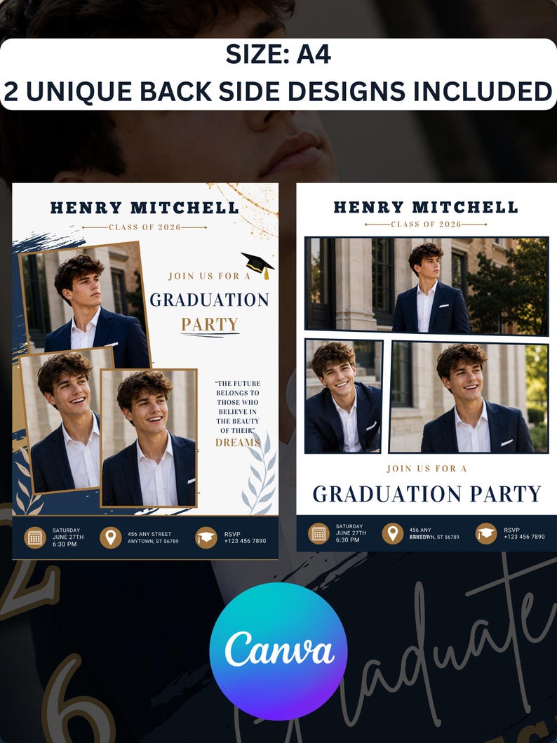 Editable Male Graduation Invitation Template Canva, A4 Graduation Party ...