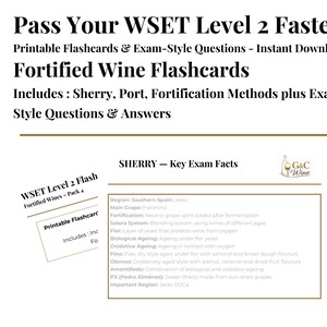 May include: Flashcards for WSET Level 2 on fortified wines, including Sherry and Port, with exam questions. The title is "Pass Your WSET Level 2 Faster". Features the G&C Wine logo.