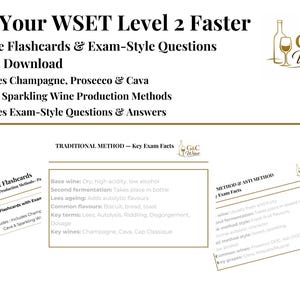 May include: Printable flashcards and exam-style questions for WSET Level 2, covering sparkling wine production methods. Includes Champagne, Prosecco, and Cava. The image features text and a wine glass and bottle logo.