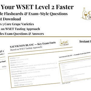 May include: Printable flashcards and exam-style questions for WSET Level 2, covering 5 core grape varieties. Includes exam questions and answers. Features Sauvignon Blanc key facts and example questions. Instant download.