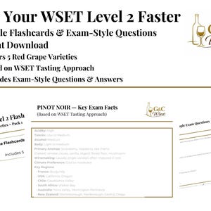 May include: Educational resources for wine study. The image shows printable flashcards and exam-style questions for WSET Level 2, focusing on 5 red grape varieties. Includes key facts about Pinot Noir, such as acidity and aromas. The G&C Wine logo is also visible.