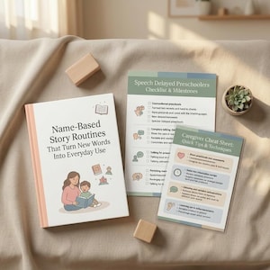 May include: A collection of educational materials, including books and checklists, with the title "Name-Based Story Routines That Turn New Words Into Everyday Use." The image features a book with an illustration of a mother and child reading.