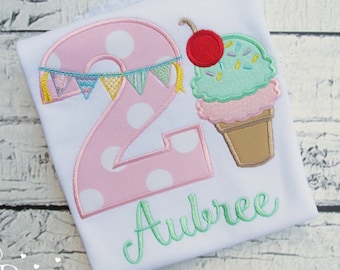 Ice Cream Birthday Shirt - 2nd Birthday Shirt - Second Birthday - Applique Shirt - Embroidered - Personalized - Pastel Colors - Sweet to Be