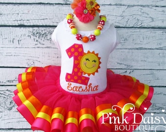 Sunshine Birthday Outfit - Ribbon Trim Tutu Set - You Are My Sunshine - Our Little Sunshine Outfit - Applique Shirt - 1st Birthday Dress
