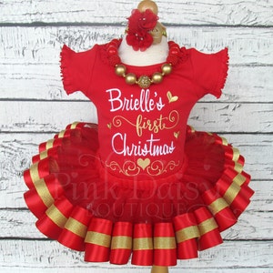 Baby Girls First Christmas Outfit - Christmas Tutu Set - Red and Gold Tutu - Ribbon Trimmed Tutu Outfit - 1st Christmas - Holiday Dress