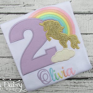 Unicorn Birthday Shirt Gold Unicorn Silhouette Pastel Rainbow Unicorn Applique Shirt Embroidered Tee Second Birthday 2nd Bday image 1