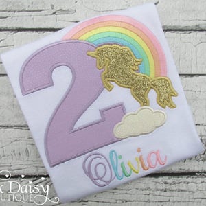 Unicorn Birthday Shirt - Gold Unicorn Silhouette - Pastel Rainbow Unicorn - Applique Shirt - Embroidered Tee - Second Birthday - 2nd Bday