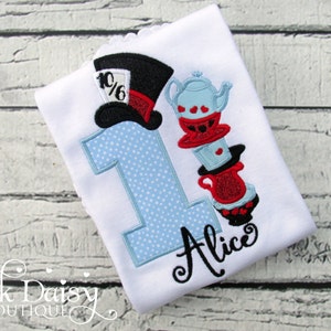 Alice in Wonderland Birthday Shirt - Alice in ONEderland - Tea Party - Black Blue Red - Teacups - Mad Hatter - Tea for TWO - First Birthday