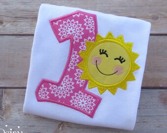 Sunshine Birthday Shirt - Any Age - Pink Yellow - You Are My Sunshine - Smiling Sun - First Birthday - Personalized - Applique Shirt
