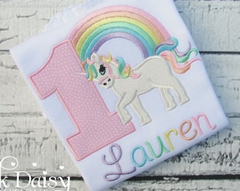 Unicorn Birthday Shirt - Pastel Rainbow - Rainbows and Unicorns - First Birthday Outfit - Applique Shirt - Embroidered Tee - Custom Shirt