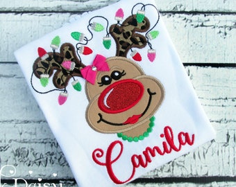 Girls Reindeer Shirt - Christmas Shirt for Girls - Applique Shirt - Christmas Lights - Leopard Print - Girly Christmas Shirt - Reindeer Diva