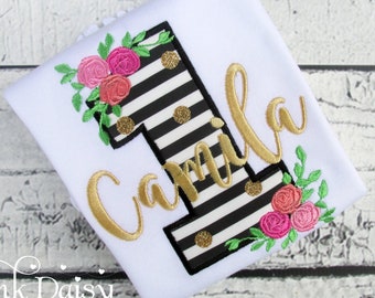 Girls First Birthday Shirt - 1st Birthday Shirt - Flowers and Stripes - Floral Birthday - Black and White Stripes - Applique Shirt - First