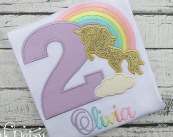Unicorn Birthday Shirt - Gold Unicorn Silhouette - Pastel Rainbow Unicorn - Applique Shirt - Embroidered Tee - Second Birthday - 2nd Bday