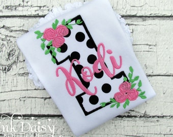Girls Birthday Shirt - Black and White - Polka Dots - Pink Roses - First Birthday Shirt - Flowers - Floral - Monogrammed - Applique Shirt
