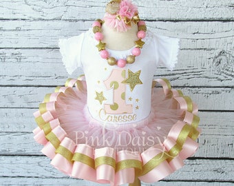 Twinkle Twinkle Little Star 1st Birthday Outfit - Birthday Tutu Set - Twinkle Star Tutu - Pink and Gold - Ribbon Trim Tutu - Applique Shirt