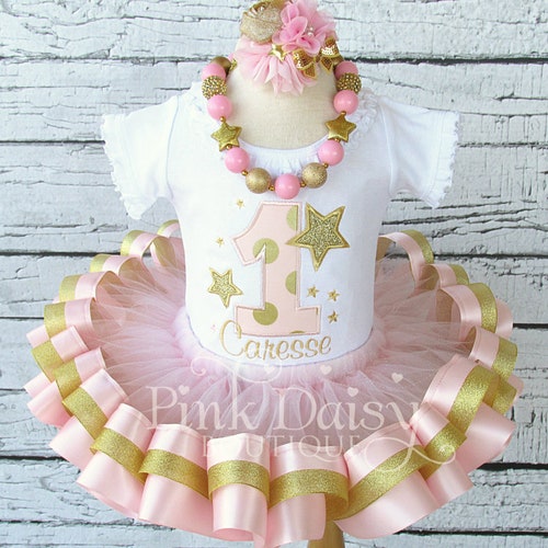 Girls Pink and Gold Twinkle Little Star Birthday Outfit with Personalized Shirt and Ribbon Trim Tutu 