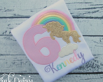 Girls Birthday Shirt - Rainbow Unicorn Birthday Shirt - Pink Gold Unicorn Silhouette - Pastel Rainbow - Appliqué Shirt - Embroidered Shirt