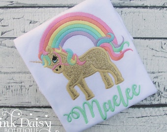 Girls Rainbow Unicorn Shirt - Pastel Rainbow and Gold Unicorn Shirt - Mint and Gold Unicorn - Over the Rainbow - Unicorn Appliqué Shirt