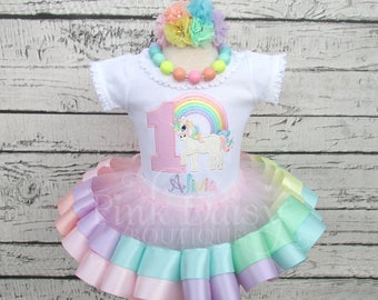 Pastel Rainbow Unicorn Ribbon Tutu - Unicorn Birthday Tutu Outfit - Pastel Rainbow Unicorn - Unicorn Birthday Dress - Ribbon Trim Tutu Set