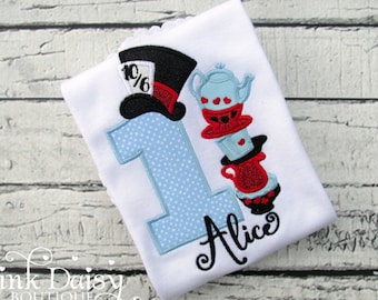 Alice in Wonderland Birthday Shirt - Alice in ONEderland - Tea Party - Black Blue Red - Teacups - Mad Hatter - Tea for TWO - First Birthday