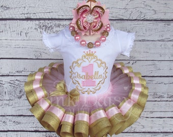 Princess Birthday Outfit - Princess Tutu - Pink Gold Princess Dress - Royal Princess Birthday Tutu - Ribbon Tutu - Princess First Birthday