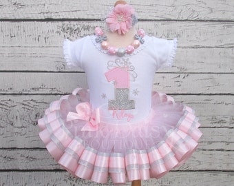 Winter ONEderland Snowflake Birthday Outfit - Pink and Silver - First Birthday Set - Winter Wonderland - Ribbon Trimmed Tutu - Ice Princess