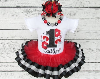 Ladybug Birthday Outfit - Ladybug Birthday Tutu Outfit - Red Black Silver - Ribbon Trim Tutu Set - Flower Garden Birthday - Applique Shirt