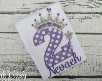 Chemise anniversaire fille - chemise anniversaire princesse royale violette et argentée - chemise deuxième anniversaire - chemise appliquée - couronne diadème étoile