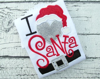 I Love Santa Shirt - Girls Christmas Shirt - I Heart Santa - Black Red Silver - Embroidered Christmas Shirt - Baby's First Christmas