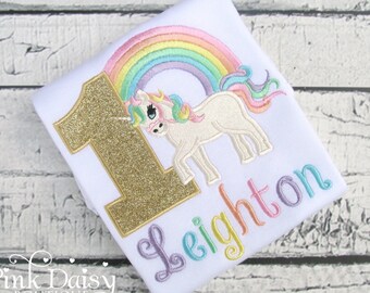 Unicorn Birthday Shirt - Pastel Unicorn Shirt - Rainbow Unicorn - Pastel Rainbow - Gold Unicorn - Unicorn First Birthday Shirt - Appliqued
