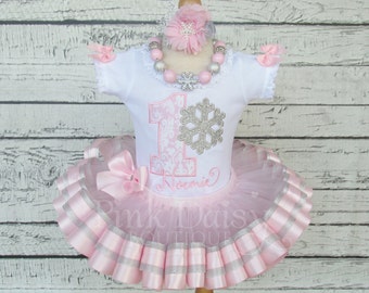 Winter ONEderland Birthday Tutu Outfit - Pink and Silver Tutu Set - Snowflake Birthday Outfit - Ribbon Trimmed Tutu - First Birthday Dress