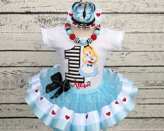 Alice in ONEderland First Birthday Tutu Outfit - Alice In Wonderland Tutu Set - Blue Ribbon Trimmed Tutu - Hearts - Stripes - White Rabbit