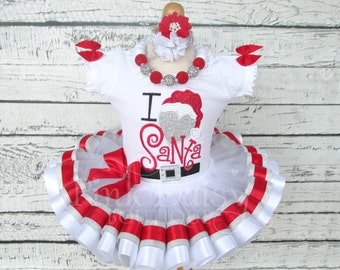Christmas Tutu Outfit - Red and Silver Tutu Outfit - Baby Girls First Christmas - I Love Santa Shirt - White Silver Ribbon Trimmed Tutu Set