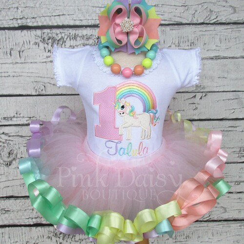 Embroidered Personalized Name Unicorn Face Pastel Rainbow Tutu Set Outfit