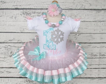 Winter ONEderland Outfit Girl - Winter ONEderland Tutu - Winter ONEderland First Birthday Dress - Snowflake - Pink Aqua Silver Ribbon Tutu