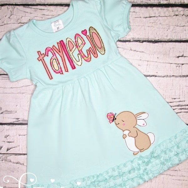 Easter Dress  - Toddler Girls - Embroidered Dress - Mint Dress - Pink Coral Gold - Easter Bunny - Bunny Dress - Personalized Dress - Baby