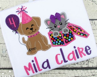 Dog and Cat Birthday Shirt - Puppy and Kitty - Pink and Purple - Paw-ty - 4th Birthday Shirt - Fourth - Applique Shirt - Embroidered Tee