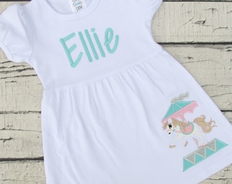 Carousel Birthday Dress - Pink Aqua Silver - Carousel Horse - Monogrammed Toddler Dress - Vintage Carousel - Carnival - Fair - Circus