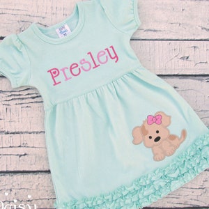 Girls Puppy Dress - Dog Applique Dress - Personalized Toddler Dress - Mint Ruffle Dress - Puppy Birthday - Pink Puppy Dress - Embroidered