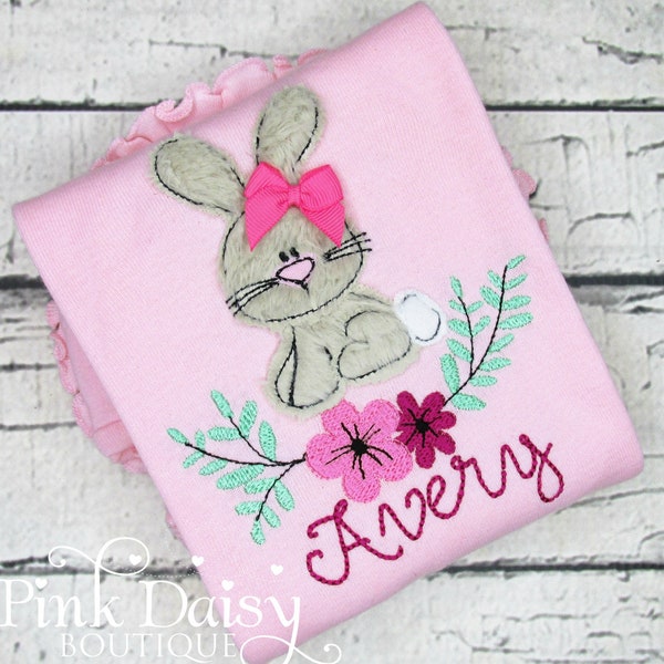 Easter Shirt for Girls - Applique Shirt - Easter Bunny - Embroidered Tee - Rabbit with Flowers - Personalized - Baby Girls - Toddler Outfit