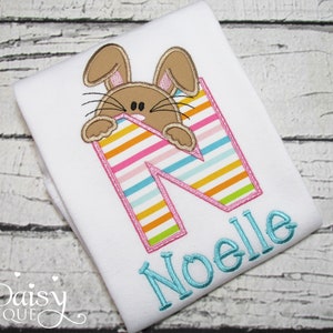 Girls Easter Shirt Initial Personalized Easter Shirt Easter Bunny Peeking Bunny Shirt Applique Shirt Bunny Rabbit Pastel image 1